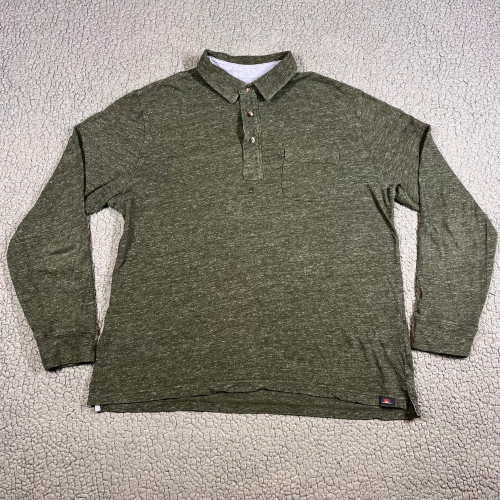Faherty Brand Mens Long Sleeve Polo Shirt‎ Olive Green Heather Cotton Size M